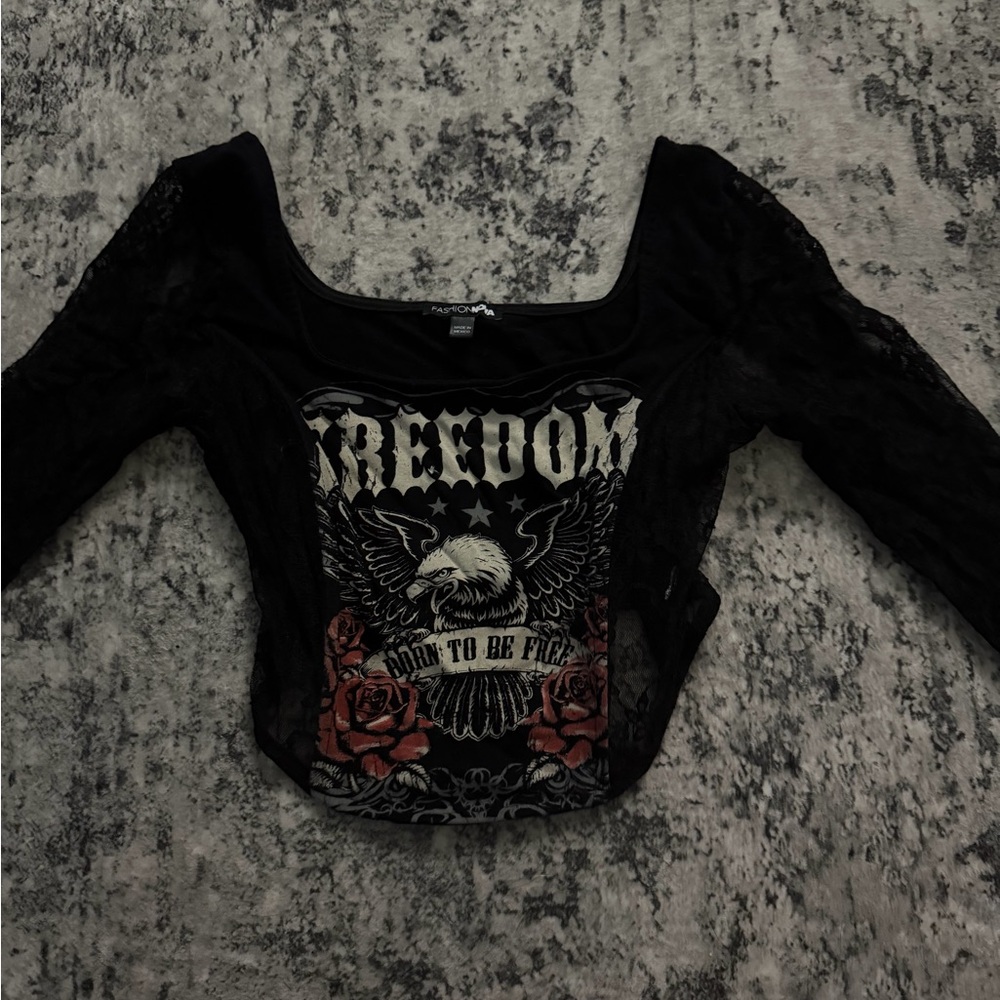 Fashion Nova Black Lace Sleeve Crop Top with Eagle & Rose Graphic